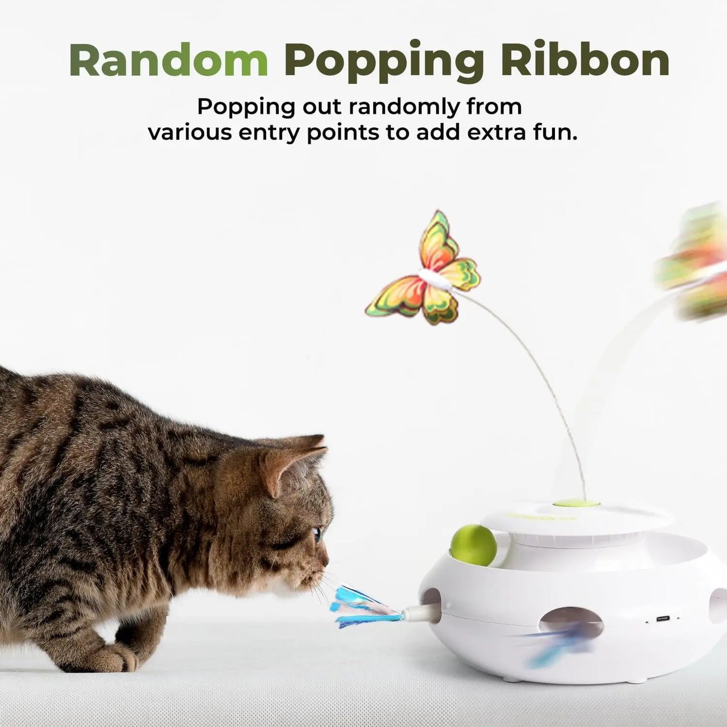 Motion Activated Cat Toy 3-In-1 Spinning Butterfly Rolling Ball & Shooting Ribbon Interactive