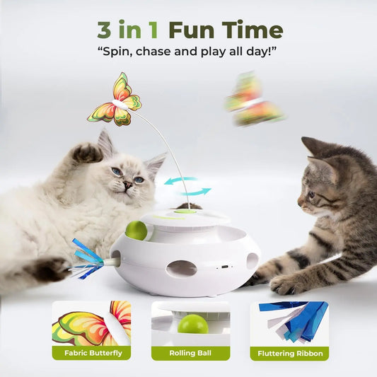 Motion Activated Cat Toy 3-In-1 Spinning Butterfly Rolling Ball & Shooting Ribbon Interactive